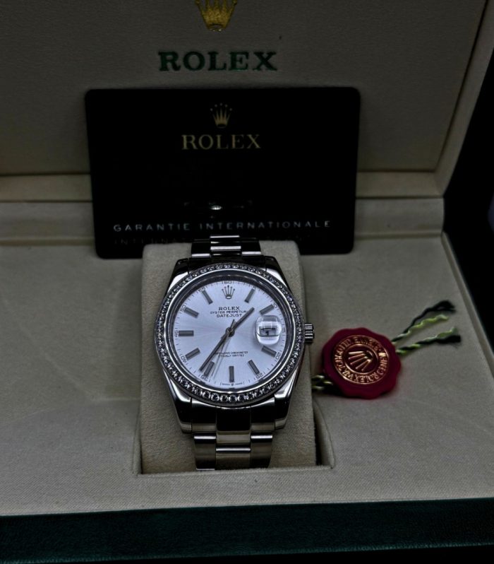 Rolex Datejust – White Dial with Diamond Bezel & Big Chain